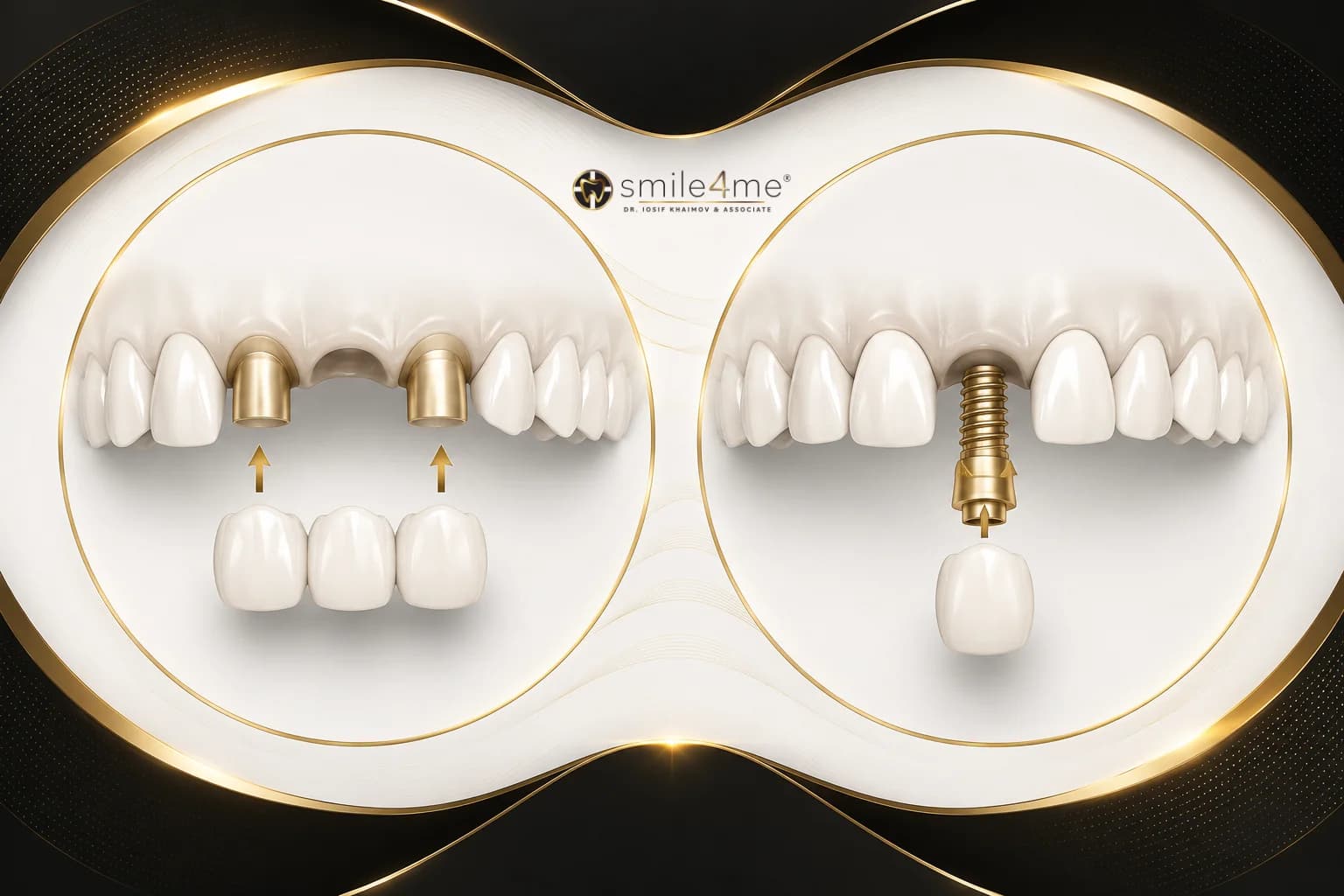Illustration dental implant vs bridge showing bridge and single implant restoration comparison