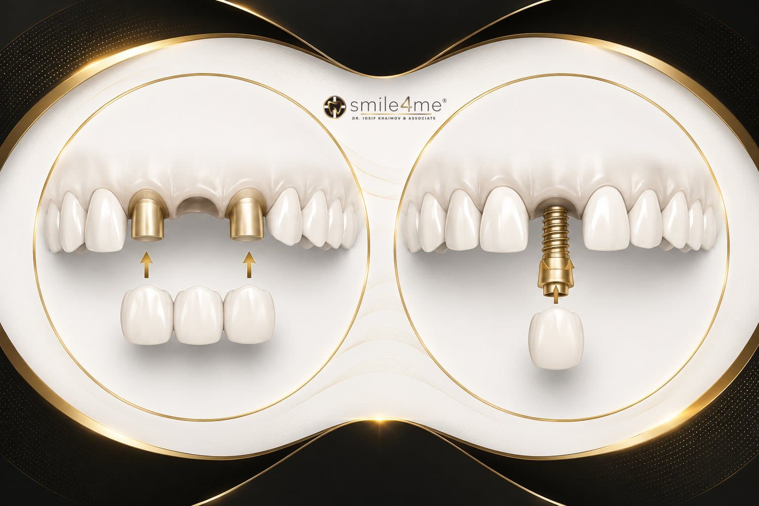 Illustration Dental Implant Vs Bridge Showing Bridge And Single Implant Restoration Comparison