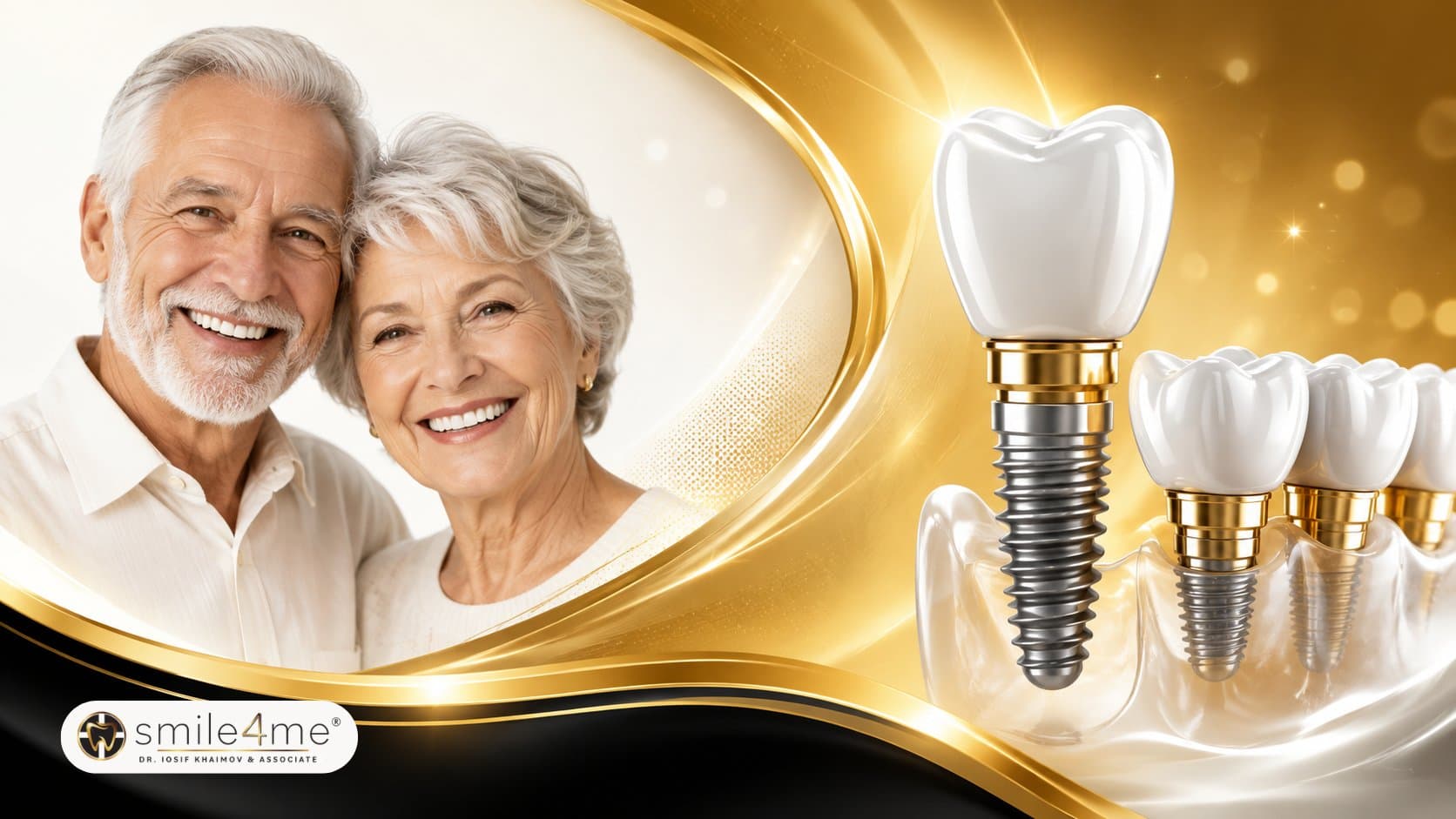 Photo Smiling Senior Couple Beside Dental Implants For Seniors Illustration And Implant Supported Teeth