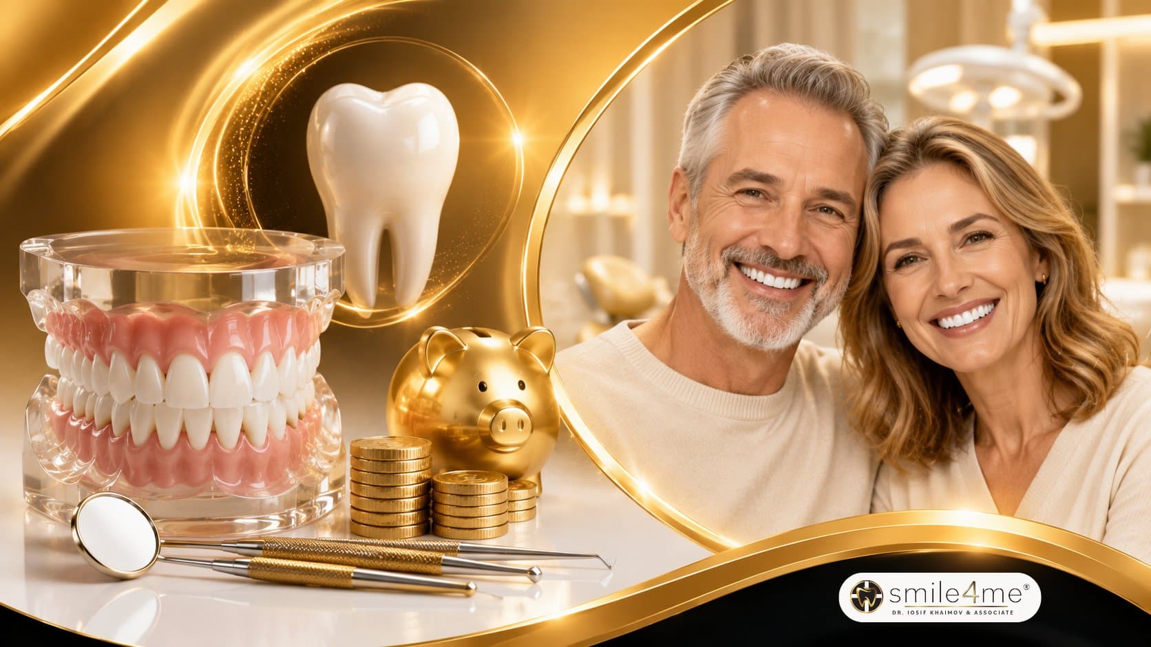 Graphic Showing Dental Model, Savings Symbols, And Smiling Couple For How Much Is Full Mouth Restoration