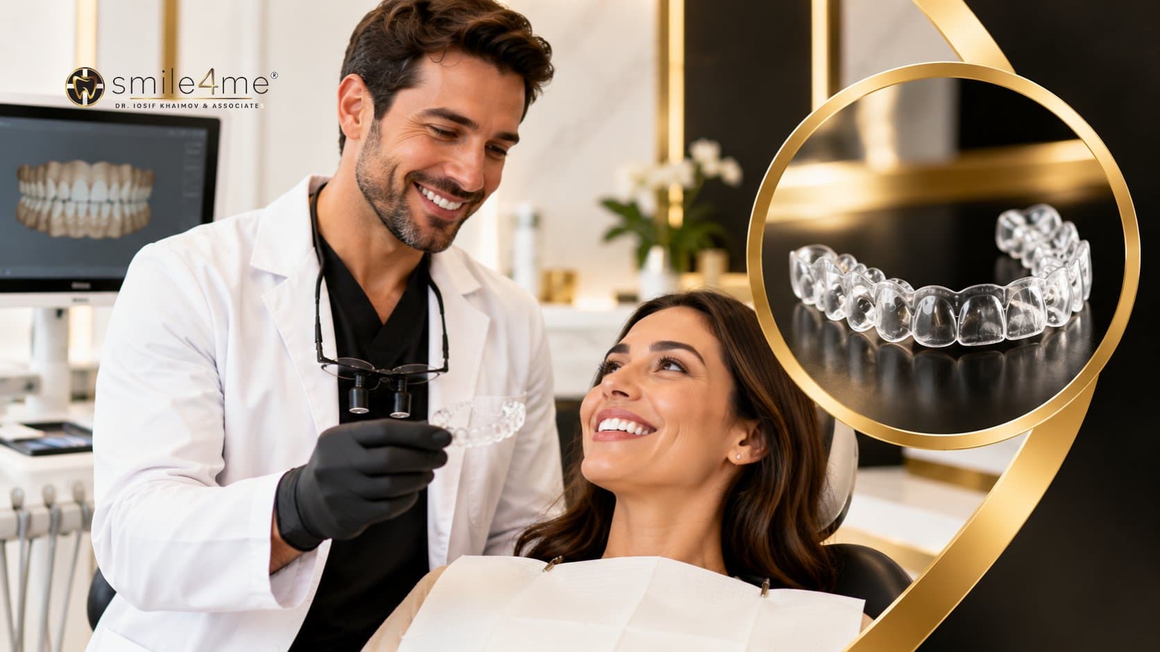 Photo Dentist Showing Clear Aligner To Patient, Illustrating Can Dentists Do Invisalign Treatment