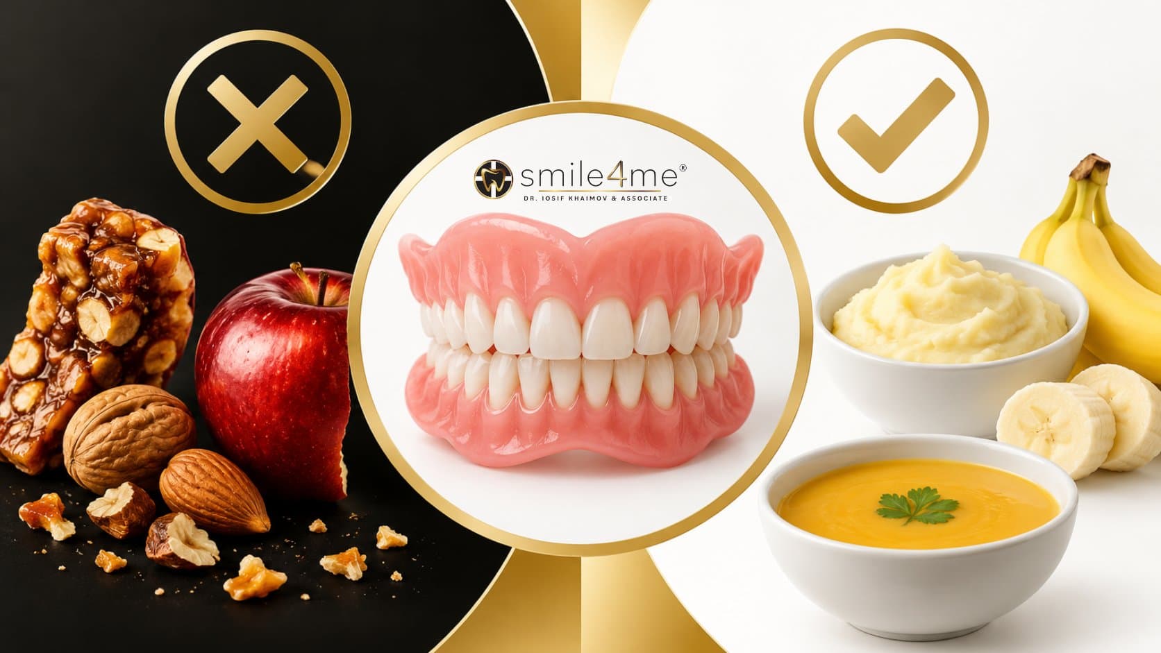 Graphic Dentures Between Hard And Soft Foods, Illustrating Can You Eat With Dentures