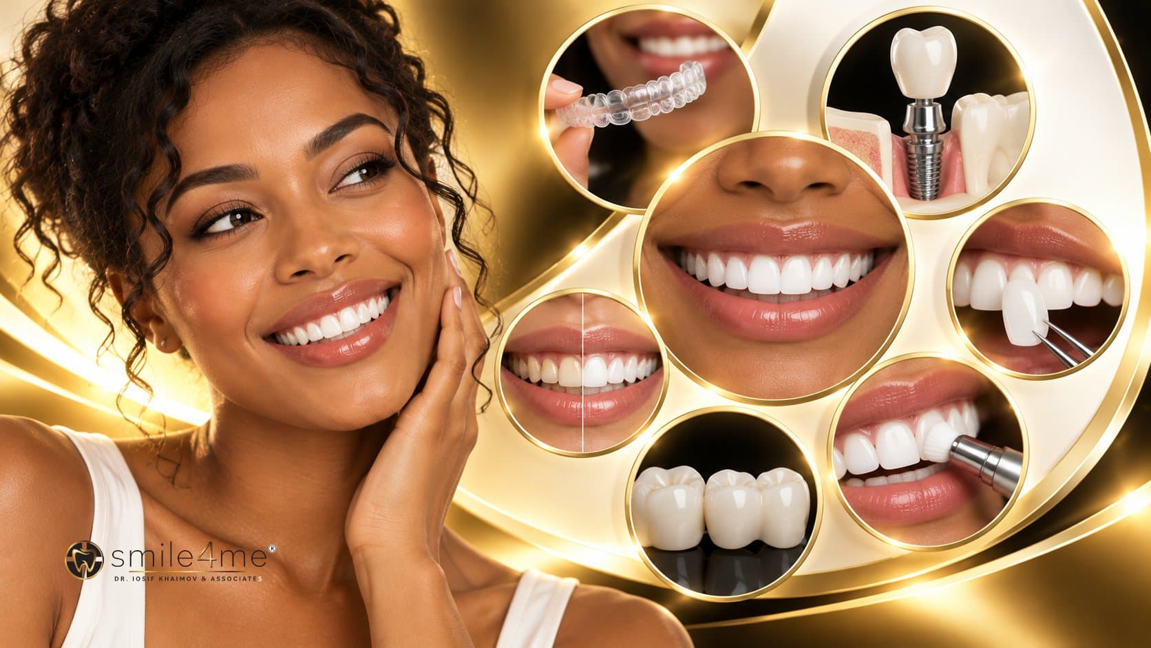 Graphic Of Smiling Woman With Smile Makeover Options Including Aligners Implants And Veneers