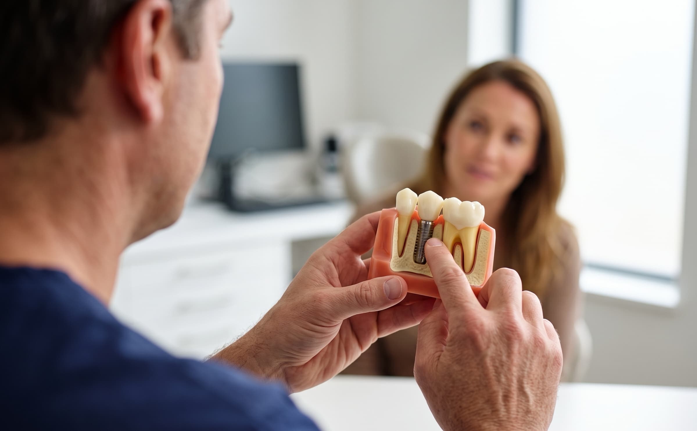 Photo Of Dentist Holding Jaw Model To Explain What Is Same Day Dental Implants