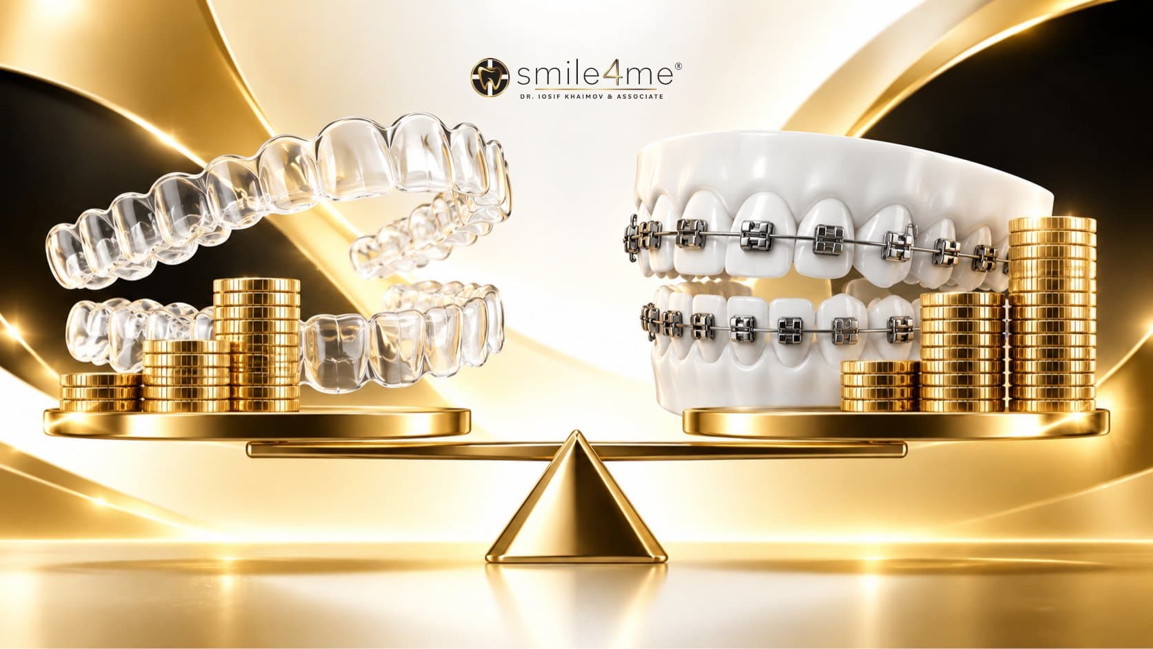Graphic Invisalign And Braces Balanced With Coins Asking Is Invisalign Cheaper Than Braces