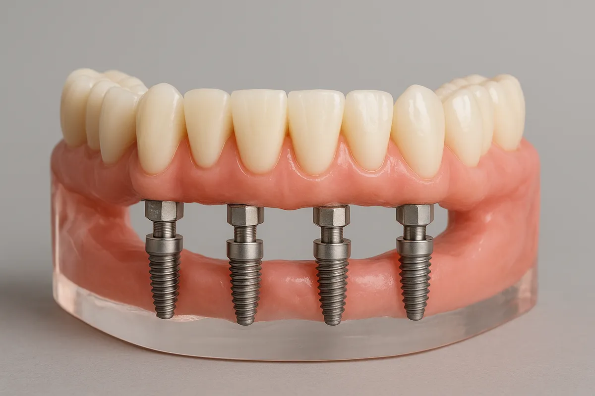 Realistic Dental Model Showing Full Upper Arch With Four Implants Used To Explain All On 4 Dental Implants Cost And Structure To Patients