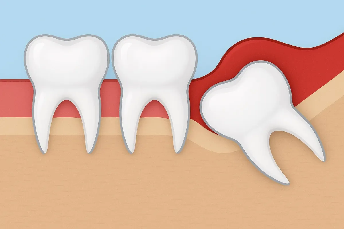 Illustration Of Impacted Tooth Pushing Against Neighboring Molars With Red Swollen Gums Showing Signs Your Wisdom Teeth Are Coming In Through Jawbone And Tissue
