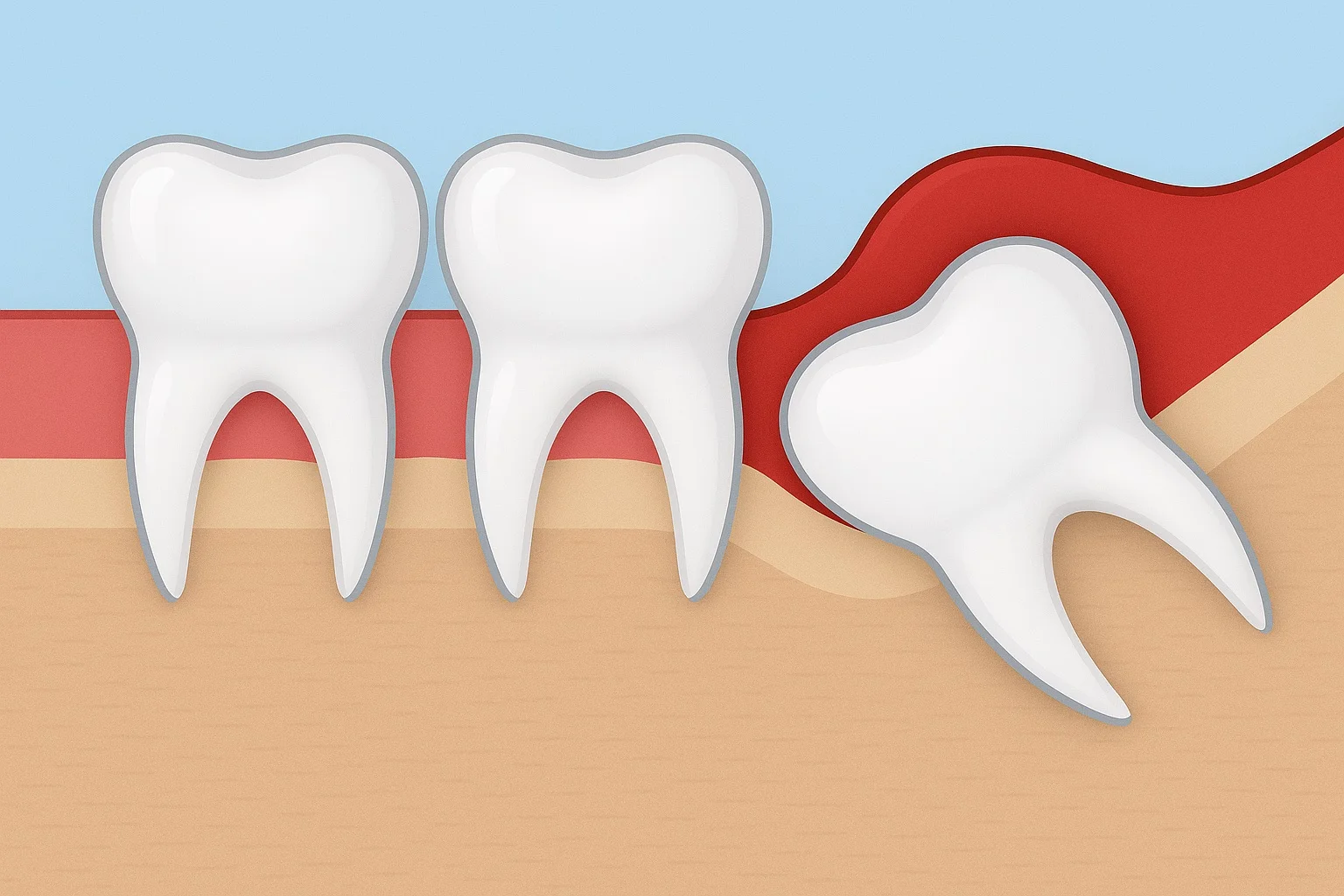 Illustration of impacted tooth pushing against neighboring molars with red swollen gums showing signs your wisdom teeth are coming in through jawbone and tissue.