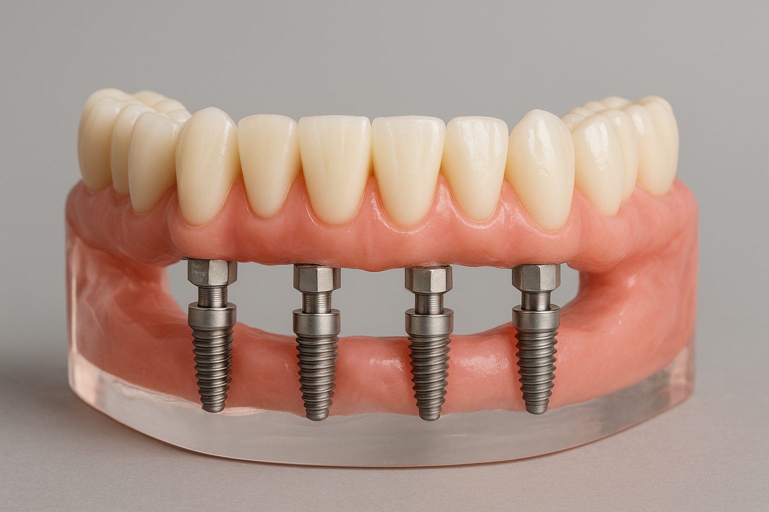 Realistic dental model showing full upper arch with four implants used to explain all on 4 dental implants cost and structure to patients.