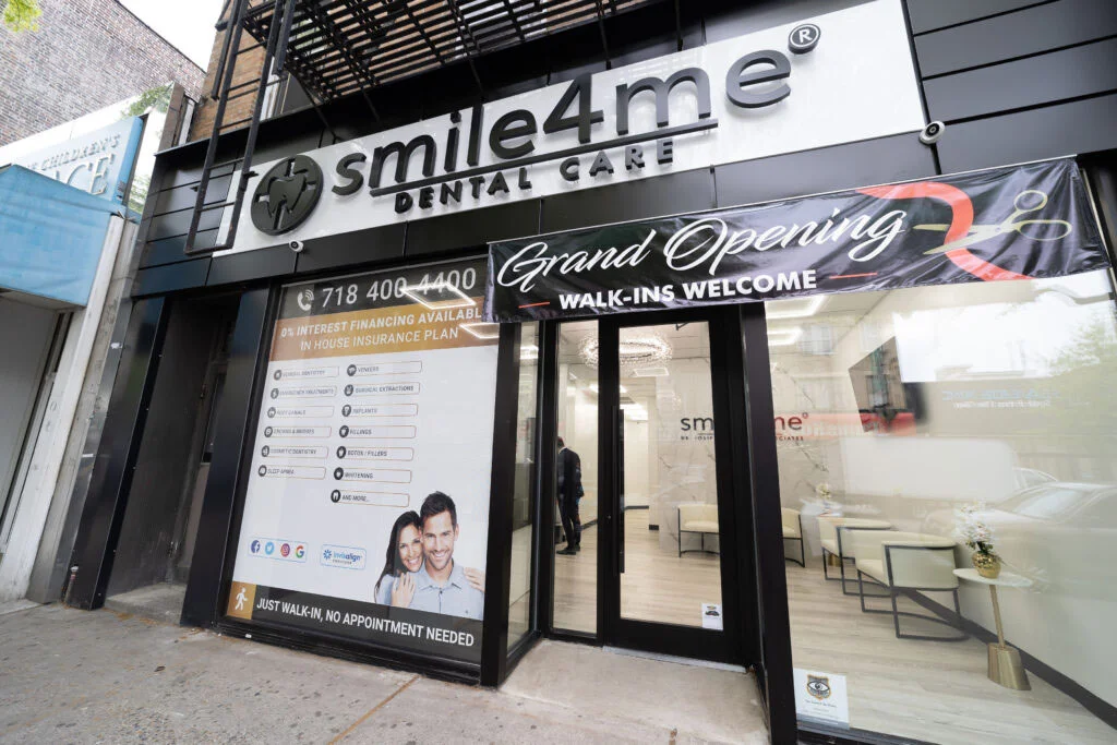 Smile4Me Dental Care storefront with grand opening banner large signage list of dental services and modern waiting room visible through glass window.