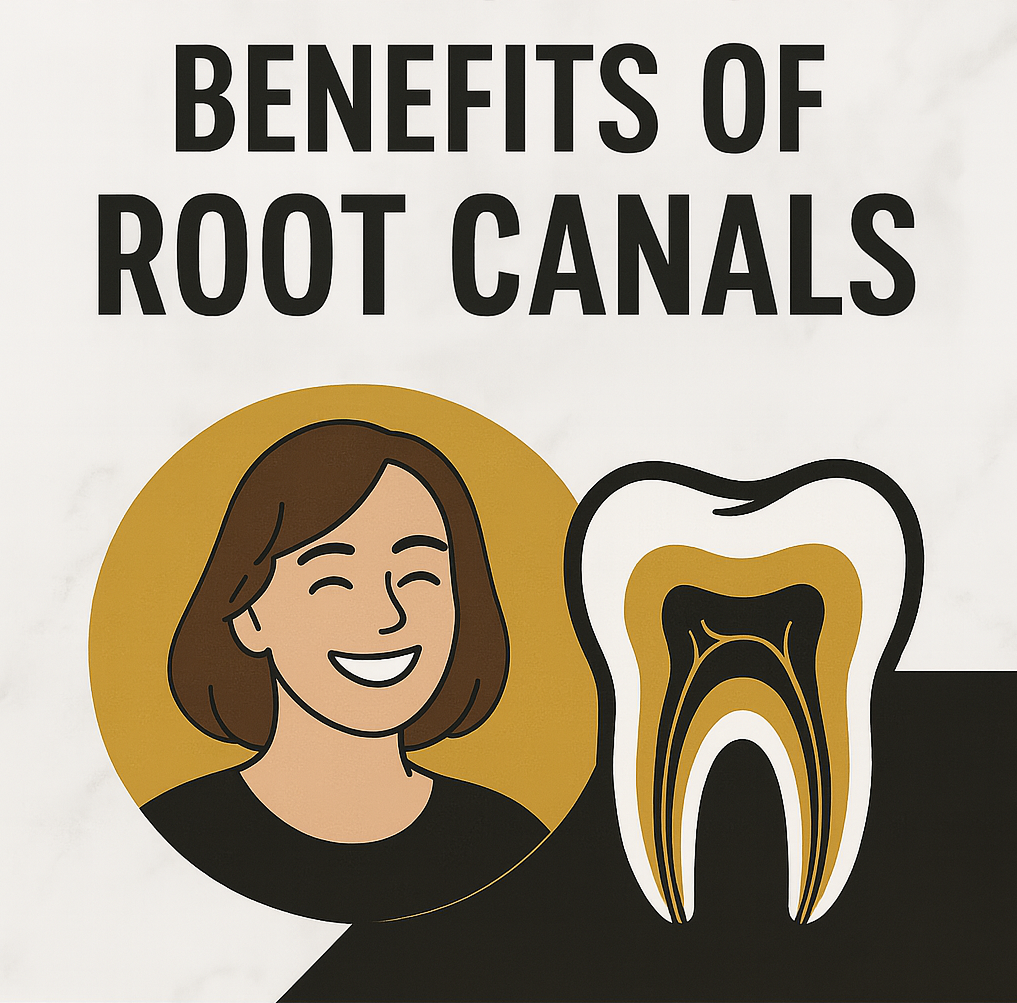 Woman smiling next to an illustrated tooth diagram highlighting pulp and canals to show benefits of root canal treatment.