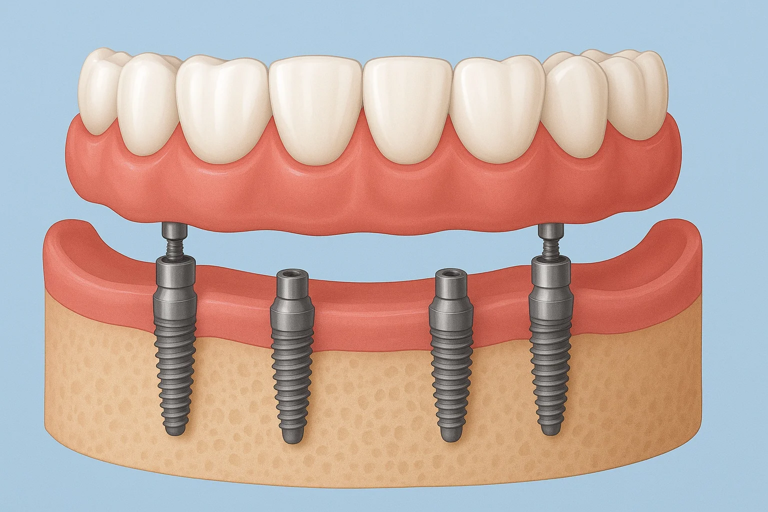 Illustration of upper denture secured by four implants in jawbone demonstrating how all on 4 dental implant technology supports full arch tooth replacement.
