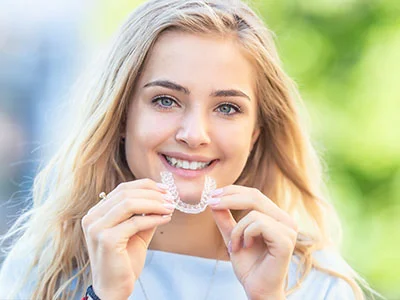 Smiling blonde woman outdoors holding clear aligner in both hands in front of her mouth with greenery in background.
          
